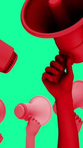 A group of stylised animated 3D hands holding up megaphone speakers.