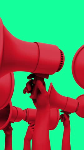 A group of stylised animated 3D hands holding up megaphone speakers.