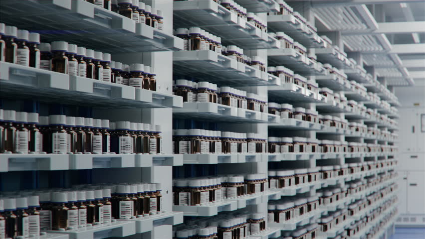 Brown Glass Vials on Shelfs inside Storage Area at Modern Pharmaceutical Factory. Medication Production Plant. Medicine Manufacturing Process.