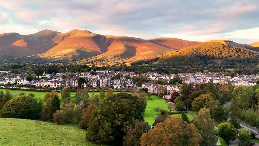 Drone view of KDrone view of Keswick and Derwentwater at Sunset 4K Video.