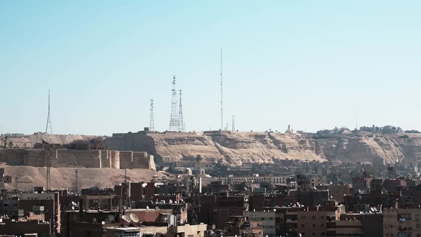 Panoramic view of Cairo from drone point of view. Mosques and rooftops of buildings. Cairo, Egypt