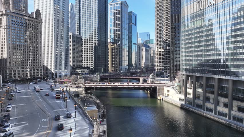 Chicago Skyline At Chicago Illinois United States. Birds Eye View Of Stunning Cityscape With Streets And Buildings. Business Sky Clouds Downtown Cityscape. Outdoor Downtown Panning Wide.