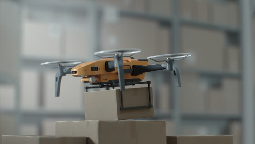 Modern Warehouse Facility: Unmanned UAV Drone Delivering Cardboard Box with Goods, Online Orders. AI Aerial AGV Transporting Parcel in Logistics Distribution Center. 3D Graphics. Future Technology. - Powered by Shutterstock - Get 15% off with code: PIKWIZARD15