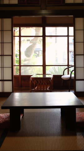 Chairs and desks in a vintage Japanese-style room.