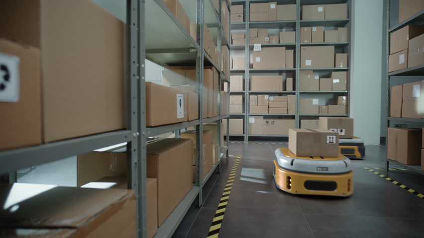 Logistics Distribution Center: Automated Guided Vehicles Transporting Cardboard Boxes in Modern Retail Warehouse. AGV Robots and Drones Delivering Packages with Products, Goods. 3D Future Technology.