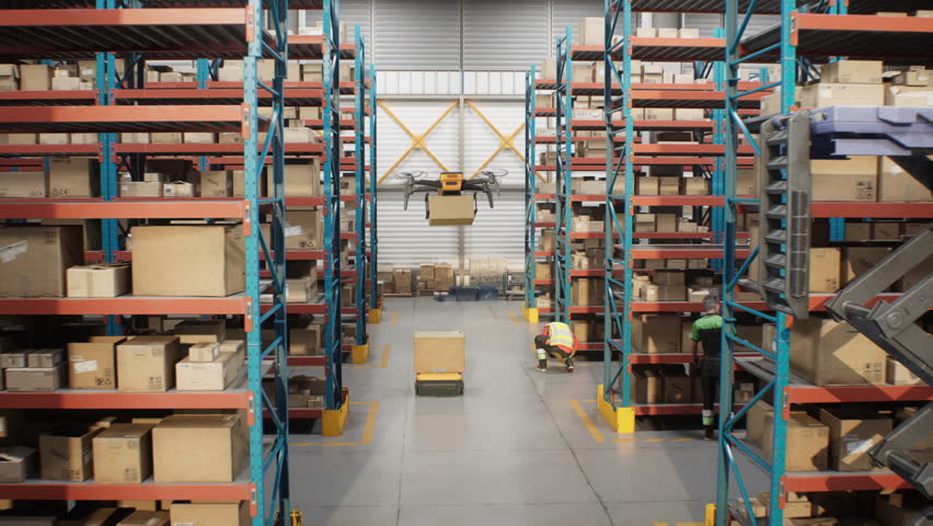 Logistics Center: Automated Guided Vehicles Transporting Cardboard Boxes, Workers Checking Inventory in Retail Warehouse. AGV Robots and Drones Delivering Packages with Goods. 3D Future Technology.