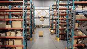 Logistics Center: Automated Guided Vehicles Transporting Cardboard Boxes, Workers Checking Inventory in Retail Warehouse. AGV Robots and Drones Delivering Packages with Goods. 3D Future Technology. - Powered by Shutterstock - Get 15% off with code: PIKWIZARD15