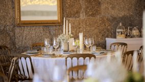 Elegant Wooden Table Setting with Floral Arrangements, Fine Plates, and Cutlery – Slow Motion Dining Decor - Powered by Shutterstock - Get 15% off with code: PIKWIZARD15