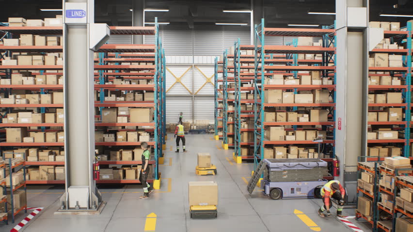 Logistics Center: AGV Robots Transporting Cardboard Boxes, Parcels in Warehouse, Workers Managing Inventory. Automated Guided Vehicles and Electric Forklift Truck. 3D Graphics. Future Technology.