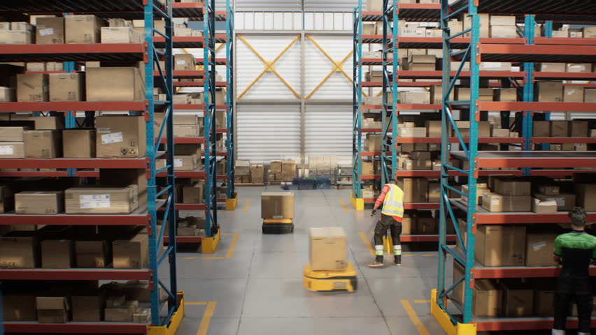 Logistics Center: AGV Robots Transporting Cardboard Boxes, Parcels in Warehouse, Workers Managing Inventory. Automated Guided Vehicles and Electric Forklift Truck. 3D Graphics. Future Technology.