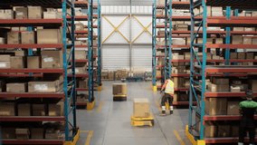 Logistics Center: AGV Robots Transporting Cardboard Boxes, Parcels in Warehouse, Workers Managing Inventory. Automated Guided Vehicles and Electric Forklift Truck. 3D Graphics. Future Technology. - Powered by Shutterstock - Get 15% off with code: PIKWIZARD15