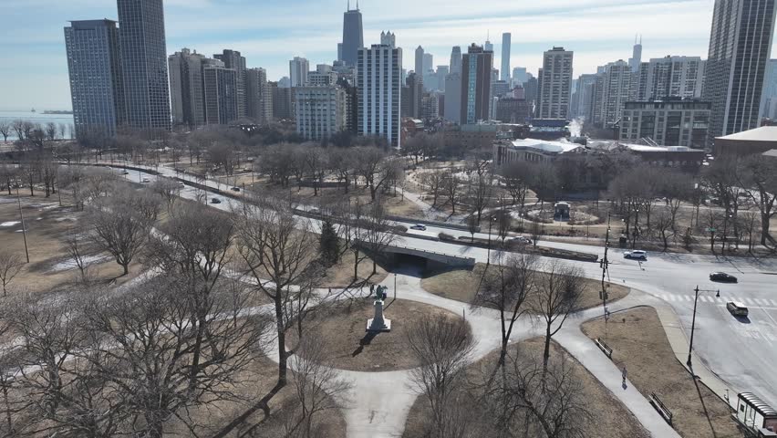 Lincoln Park At Chicago Illinois United States. Aerial View Of Green Space Surrounded By Lush Forest Trees. Business Sky Clouds Downtown Cityscape. Business Backgrounds Panorama. Chicago Illinois.
