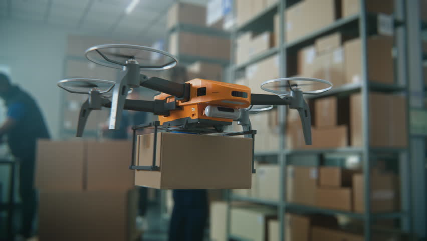 Logistics Distribution Center: UAV Drone Carrying Cardboard Box with Products, Goods. AI Automated Vehicle Transporting Package, Workers Managing Inventory in Retail Warehouse. 3D Future Technology.
