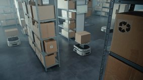 Warehouse Facility: Unmanned AGV Robots Carrying Cardboard Boxes in Logistics Distribution Center. Automated Guided Vehicles Transporting Parcels, Goods, Online Orders. 3D Graphics. Future Technology. - Powered by Shutterstock - Get 15% off with code: PIKWIZARD15