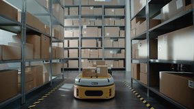 Logistics Distribution Center: Automated Guided Vehicles Transporting Cardboard Boxes in Modern Retail Warehouse. AGV Robots Carrying and Delivering Packages with Products, Goods. 3D Future Technology - Powered by Shutterstock - Get 15% off with code: PIKWIZARD15