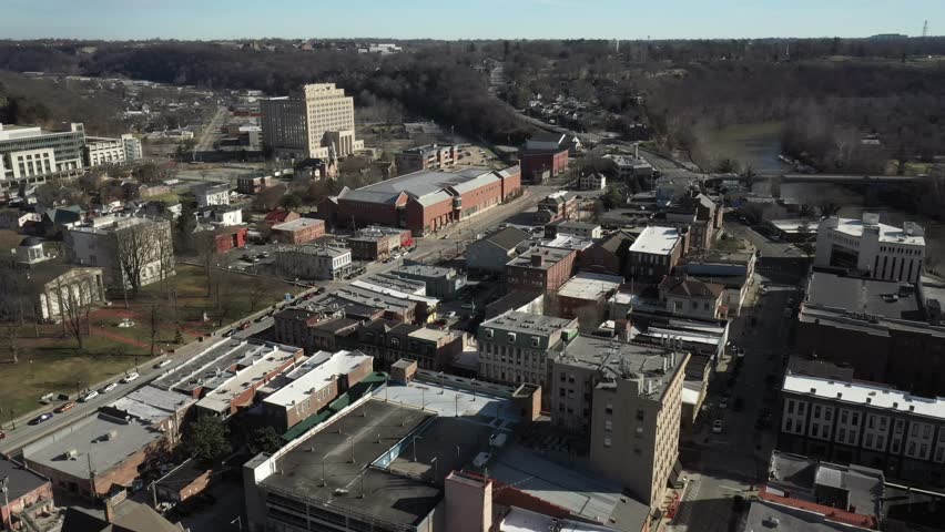 Frankfort, Kentucky downtown with drone video moving down.