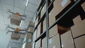 Logistics Distribution Center: UAV Drones Carrying and Delivering Cardboard Boxes with Products, Goods. AI Automated Guided Vehicles Transporting Packages in Retail Warehouse. 3D Future Technology. - Powered by Shutterstock - Get 15% off with code: PIKWIZARD15