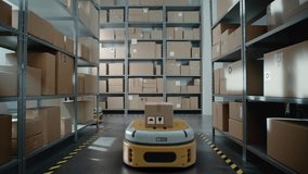 Warehouse Facility: Unmanned AGV Robots Carrying Cardboard Boxes in Logistics Distribution Center. Automated Guided Vehicles Transporting Parcels, Goods, Online Orders. 3D Graphics. Future Technology. - Powered by Shutterstock - Get 15% off with code: PIKWIZARD15