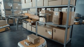 Warehouse Facility: Unmanned AGV Robots and Drones Carrying Cardboard Boxes in Logistics Distribution Center. Automated Guided Vehicles Transporting Parcels, Goods. 3D Graphics. Future Technology. - Powered by Shutterstock - Get 15% off with code: PIKWIZARD15