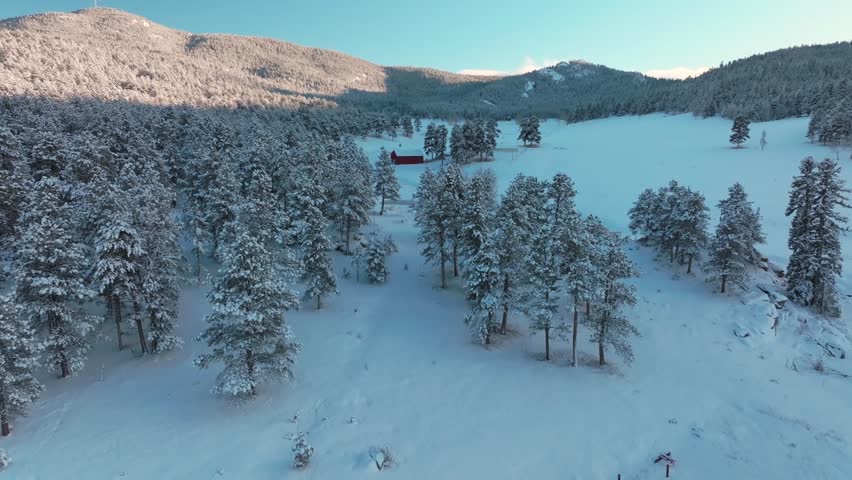 Snowy Valley Forest Evergreen Meadows Conifer Colorado aerial drone Colorado sunset blue hour winter red barn trees cold frozen deep snow December North Turkey Creek Rocky Mountains forward motion