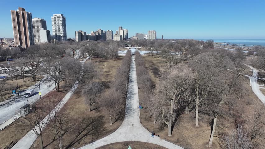 Lincoln Park At Chicago Illinois United States. Drone Captures A Garden With Sidewalks Surrounded By Lush Trees. Town Sky Backgrounds Urban. Town Exterior Panoramic. Chicago Illinois.