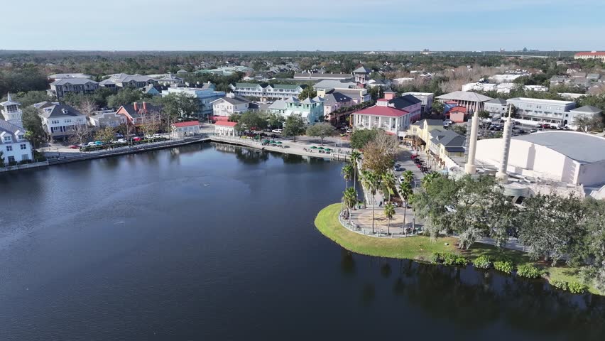 Celebration Skyline At Celebration Florida United States. Bustling Downtown Cityscape With Modern Buildings. Business Sky Background Downtown Cityscape. Drone View Downtown Famous.
