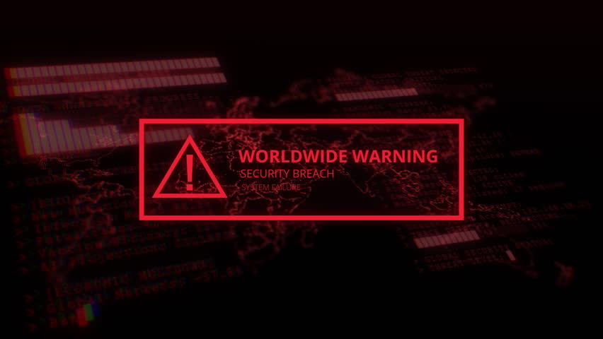 Worldwide warning message flashing on a screen with red world map background and code with estadistics. Critical error detected. Global emergency alert. System under attack, cyberterrorism.