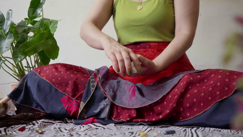 A spiritual practitioner, dressed in vibrant bohemian attire, performs a tarot reading, carefully placing cards on a patterned cloth. The setting is enriched with plants, crystals, and sacred objects.