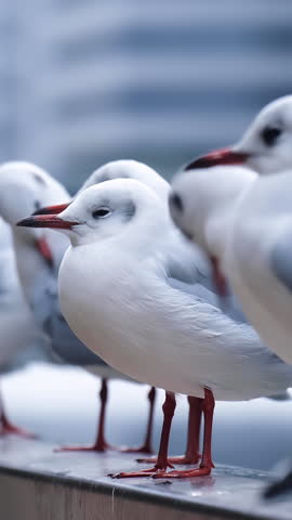 Close up view of white seagulls resting on a fence.