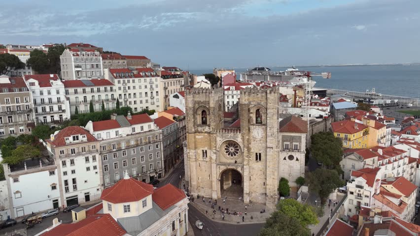 Lisbon Cathedral of Saint Mary Major. Downtown Old Town of Lisbon, Portugal. Drone Point of View. 4k