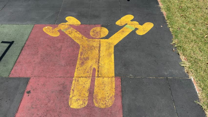 A yellow painted man with weights at an outdoor gym in a park in Cape Town.