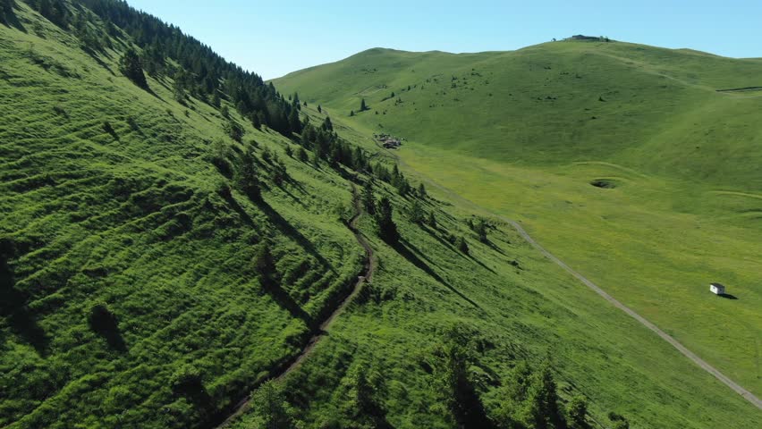 Green plateau, rural road, Rovetta, Bergamo in Italy. Aerial forward