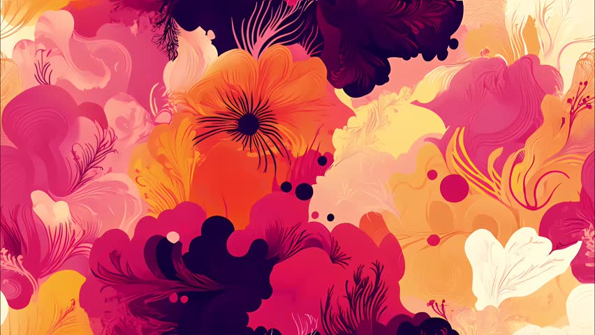 
Seamless looped vibrant fiery floral forms pattern background, The design incorporates warm pinks and oranges for bold contrast, using vector graphics techniques.