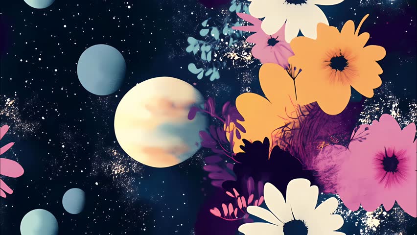 Abstract floral pattern on a dark space background with planets, stars and nebulas with brush strokes and watercolor textures, seamless animated loop. Horizontal motion
