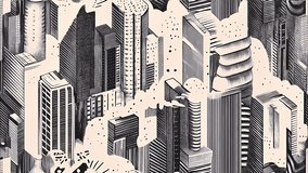 A black-and-white outline comics illustrated isometric modern cityscape seamless looped background, architectural sketch style, pen drawing - Powered by Shutterstock - Get 15% off with code: PIKWIZARD15