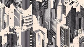 A black-and-white outline comics illustrated isometric modern cityscape seamless looped background, architectural sketch style, pen drawing, horizontal motion - Powered by Shutterstock - Get 15% off with code: PIKWIZARD15