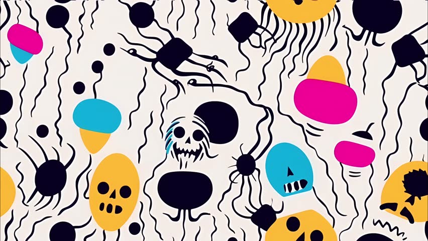 Seamless Looped Background Cartoon Pattern with cute horror elements, Skulls And doodles, vector stile illustration, flat design, bright colors on a white background, Halloween Vibe