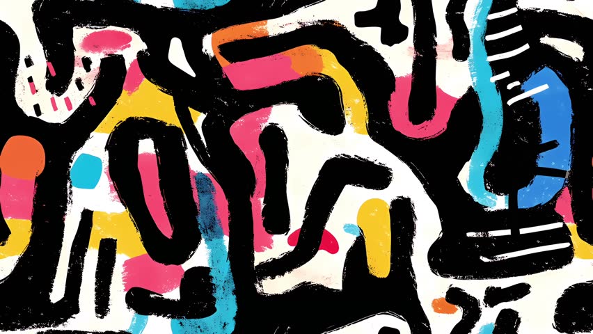 Abstract street art graffiti seamless looped background pattern with wild black and white shapes, colorful doodles, playful forms, and bold lines.
