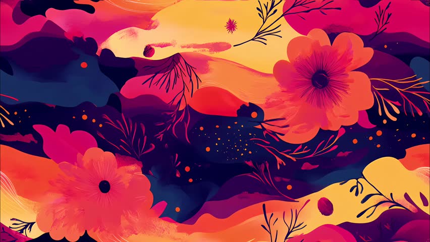 Seamless looped vibrant fiery floral forms pattern background, The design incorporates warm dark purple and oranges colors, using vector graphics techniques,