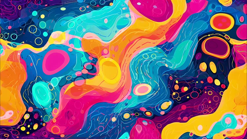 Abstract, colorful cartoon liquid art seamless looped background, flowing shapes bubbles and patterns. Psychedelic vector style, dark colors, surreal, futuristic, 2D. Horizontal motion