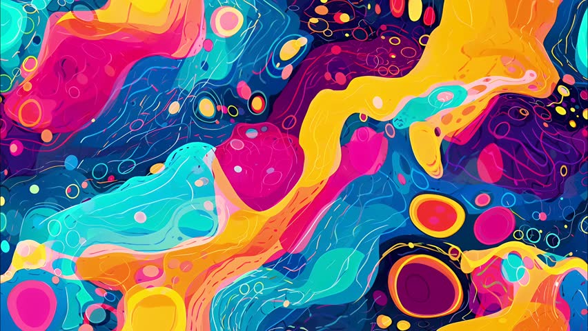 Abstract, colorful cartoon liquid art seamless looped background, flowing shapes bubbles and patterns. Psychedelic vector style, dark colors, surreal, futuristic, 2D. Vertical motion