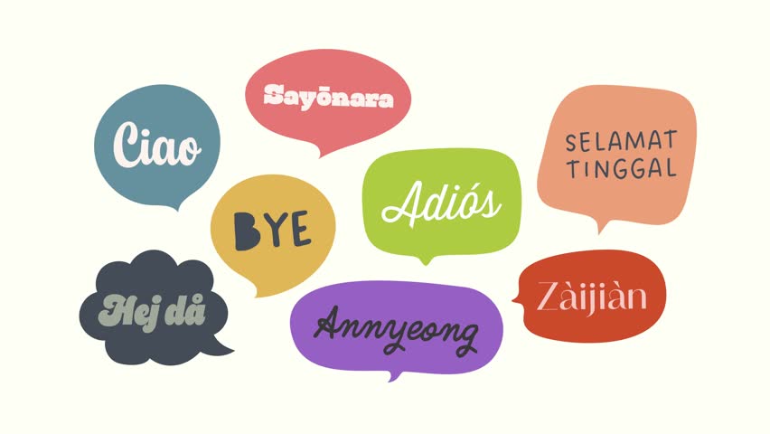 Animated Goodbye greetings in multiple languages with colorful speech bubbles. Includes Bye, Adiós and more. Perfect for outros, global multicultural content and social media. - Powered by Shutterstock - Get 15% off with code: PIKWIZARD15