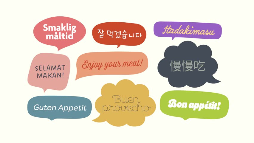 Animated Enjoy Your Meal greetings in multiple languages with colorful speech bubbles. Includes Bon Appétit, Guten Appetit, Itadakimasu and more. Perfect for food multicultural content, restaurants an - Powered by Shutterstock - Get 15% off with code: PIKWIZARD15