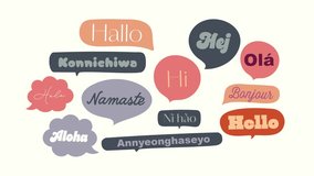 Animated greetings in multiple languages with fun speech bubbles. Engaging motion graphics featuring Hello, Hola, Bonjour, Ciao and more. Perfect for social media, intros and multicultural content. - Powered by Shutterstock - Get 15% off with code: PIKWIZARD15