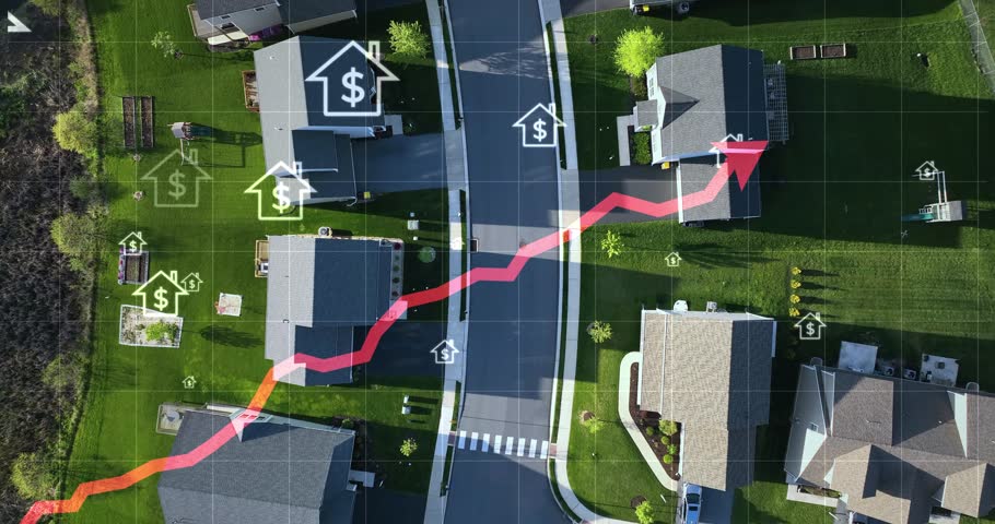 Suburban neighborhood with house icons, dollar signs, and a red trend arrow overlay depicting real estate market growth. Green lawns and streets visible. Aerial view.