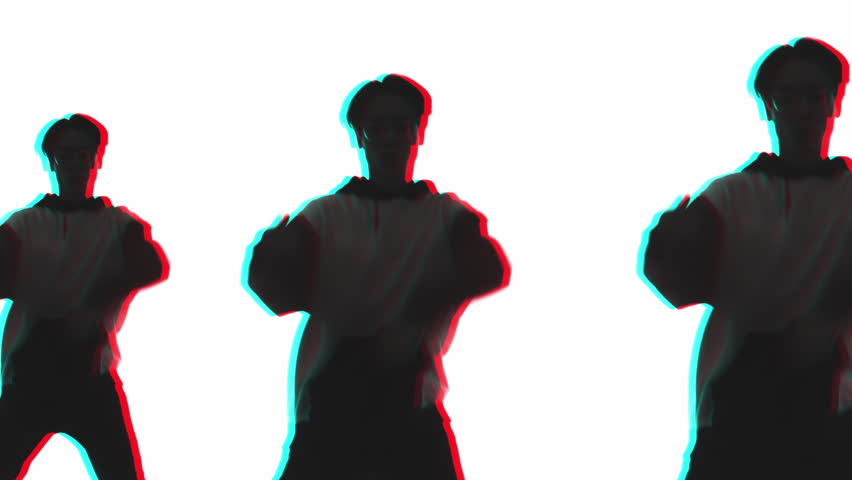 Hip hop dancer. Contemporary choreography. Dark mirrored color contoured double exposure silhouette of cool guy performing freestyle movements isolated on white.