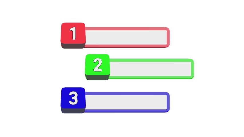 Animation of three colorful numbered text boxes, ideal for presentations, infographics, ranking lists, and modern UI designs.