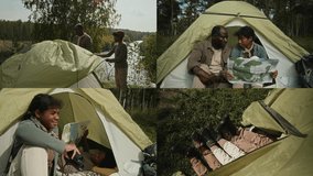 Split screen of African American family setting up rainfly on tent, reading map, looking through binoculars and relaxing during overnight hike - Powered by Shutterstock - Get 15% off with code: PIKWIZARD15