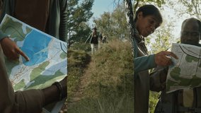 Split screen of positive children running down hill when hiking with father, family reading map deciding which path to follow in early fall - Powered by Shutterstock - Get 15% off with code: PIKWIZARD15