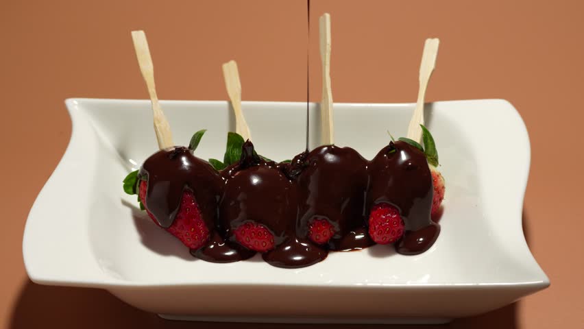 A white plate with four strawberries and chocolate sauce. A plate on the table. Strawberries on a white plate are poured with chocolate.